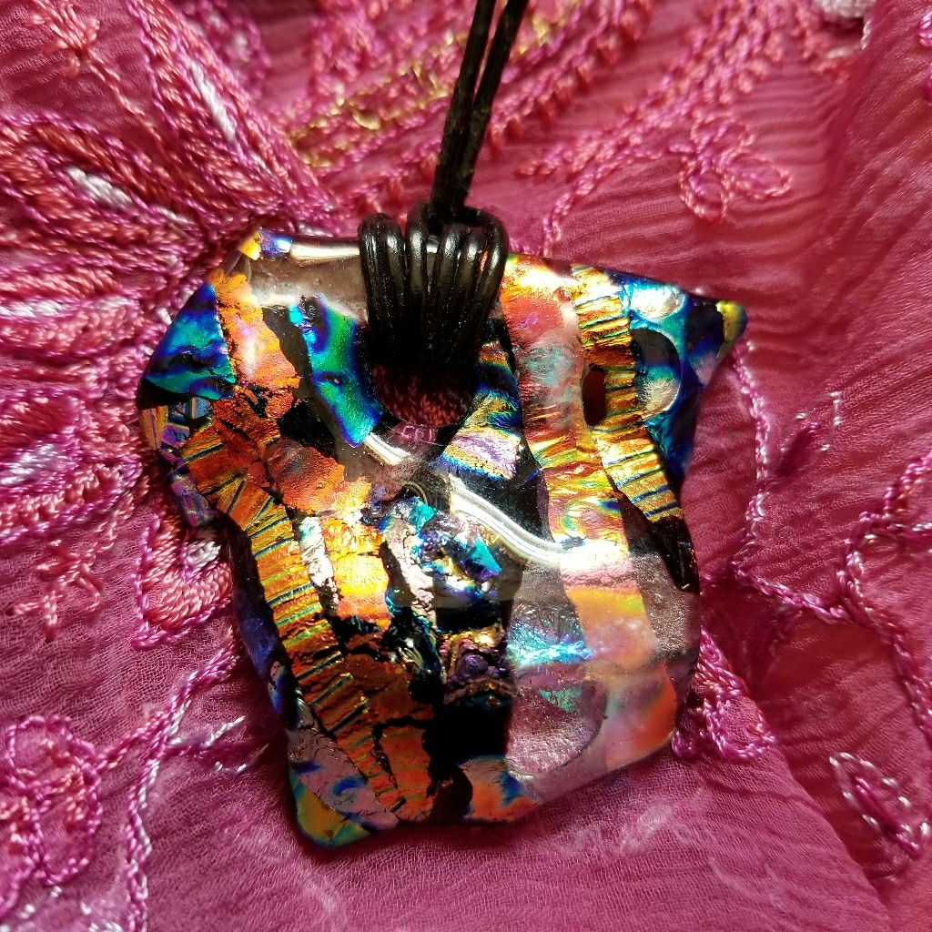 Handmade Necklace Artsy Dichroic Glass Freeform Colorful Black Cord